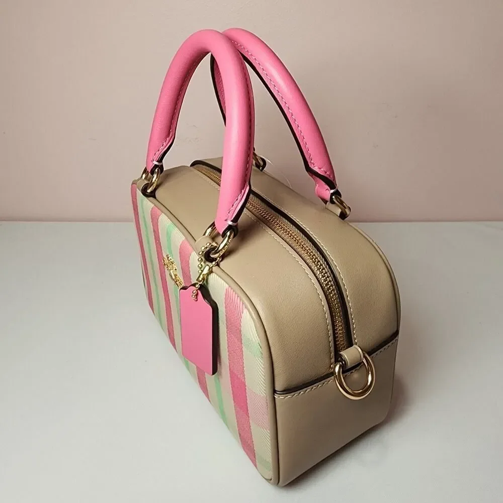 NWT Coach Satchel Crossbody Bag With Plaid Print CBI90 Pink Multi Authentic - Picture 4 of 10